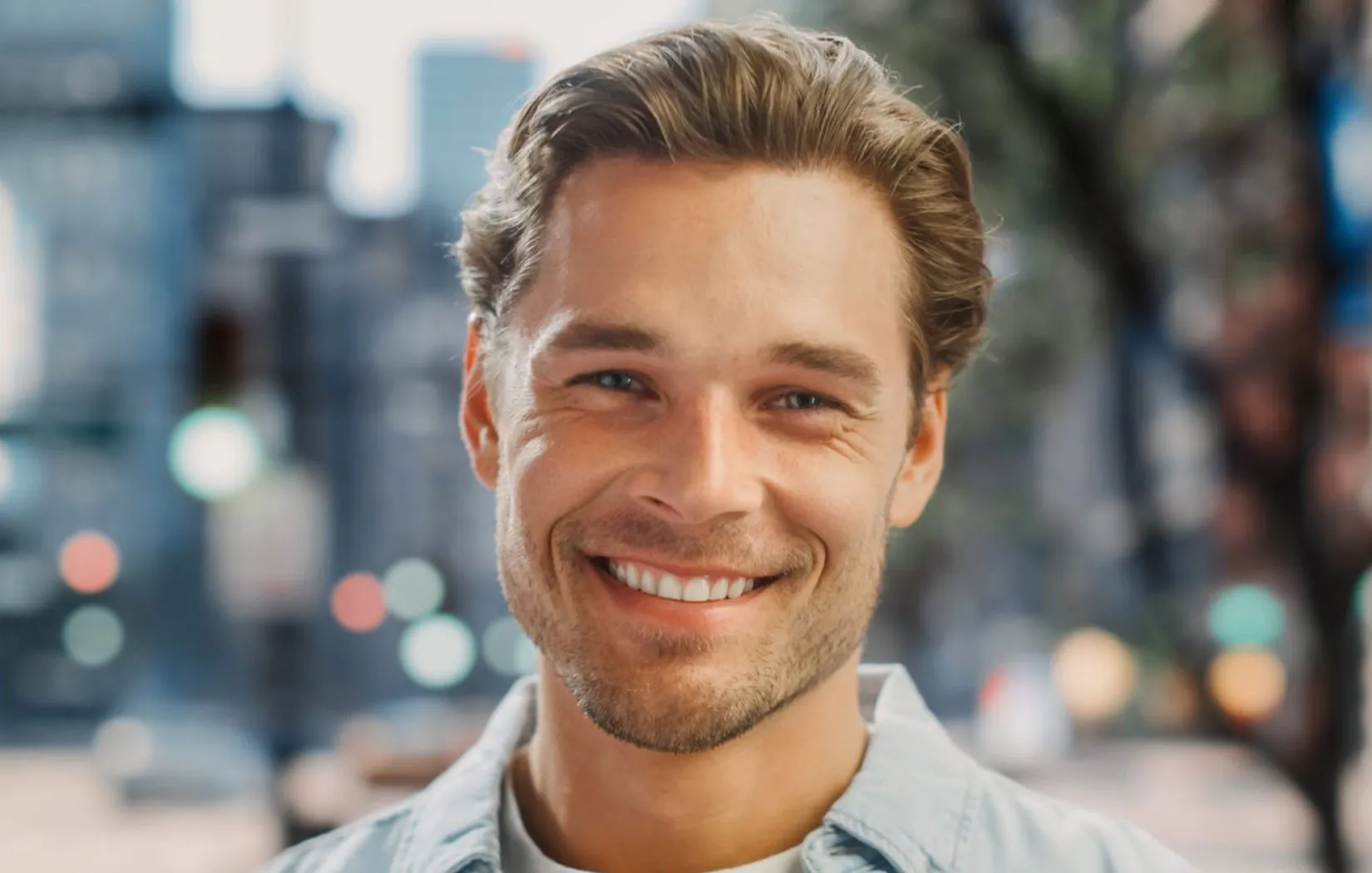 Patient with dental crowns and veneers smiling